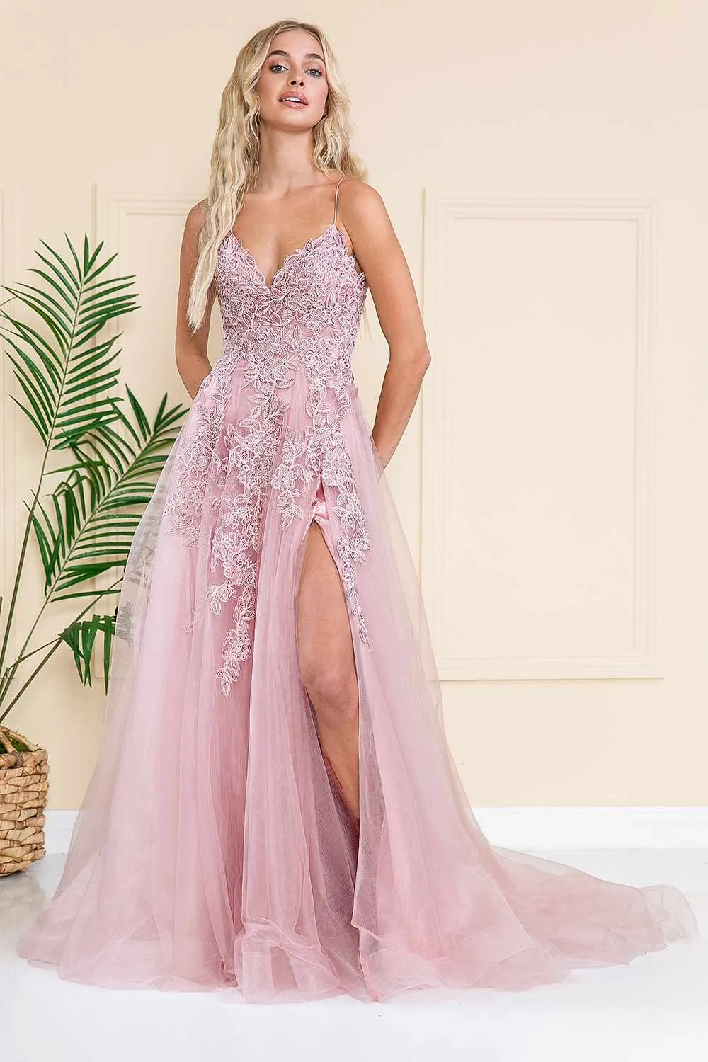 Amelia Couture BZ014 Long Mesh A-Line Embroidered Bodice Slit Dress