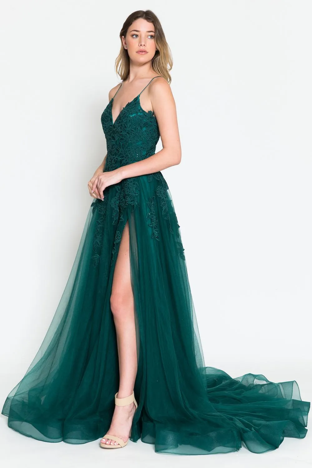 Amelia Couture BZ014 Long Mesh A-Line Embroidered Bodice Slit Dress
