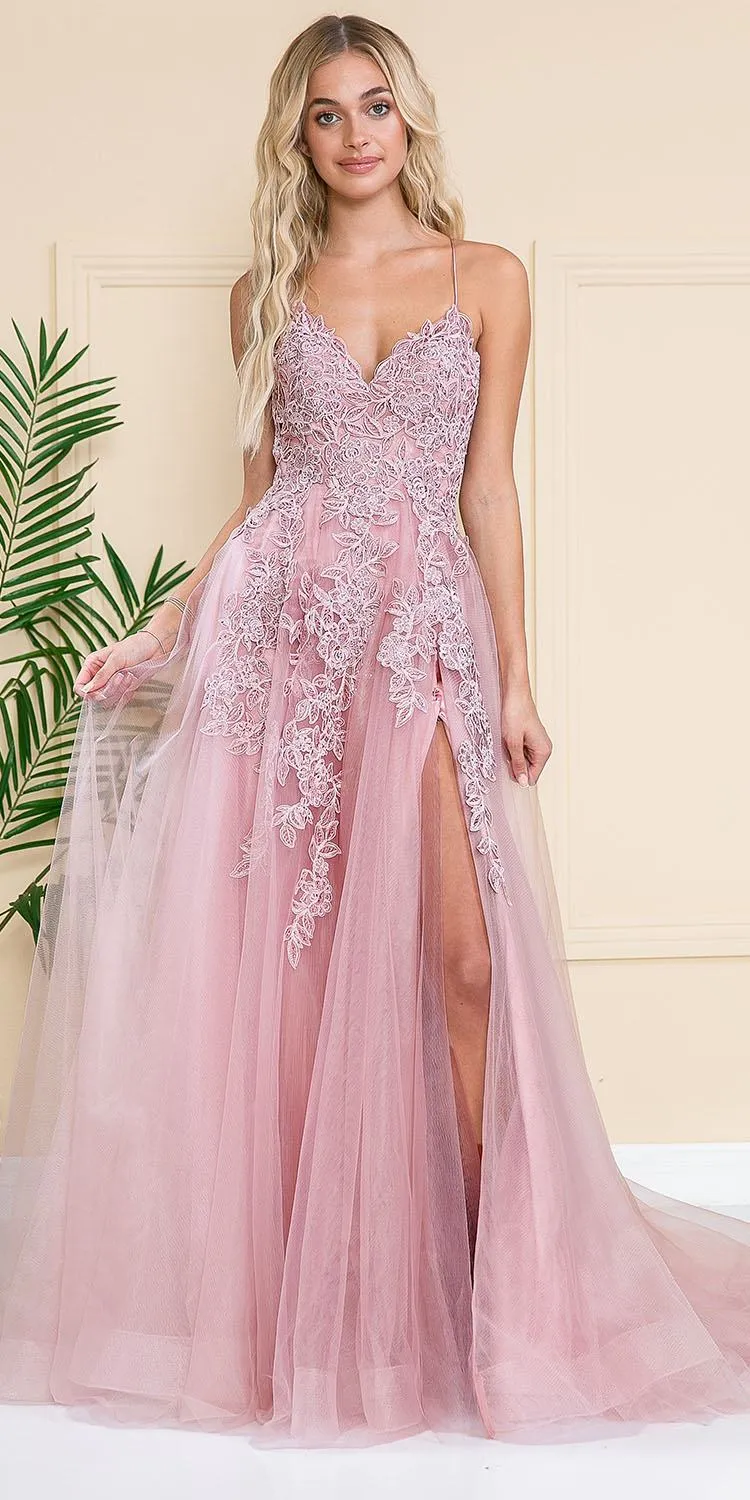 Amelia Couture BZ014 Long Mesh A-Line Embroidered Bodice Slit Dress