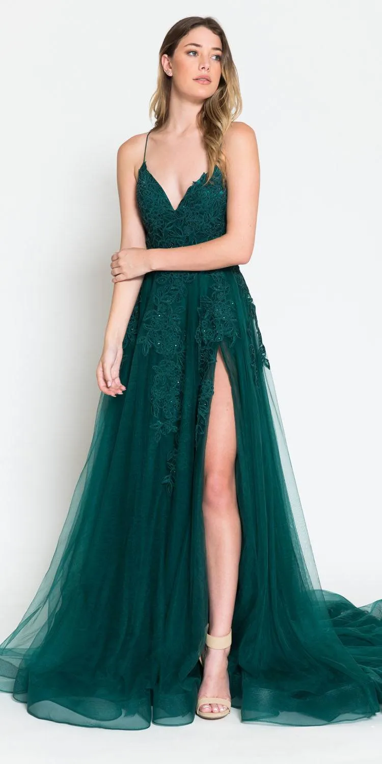 Amelia Couture BZ014 Long Mesh A-Line Embroidered Bodice Slit Dress
