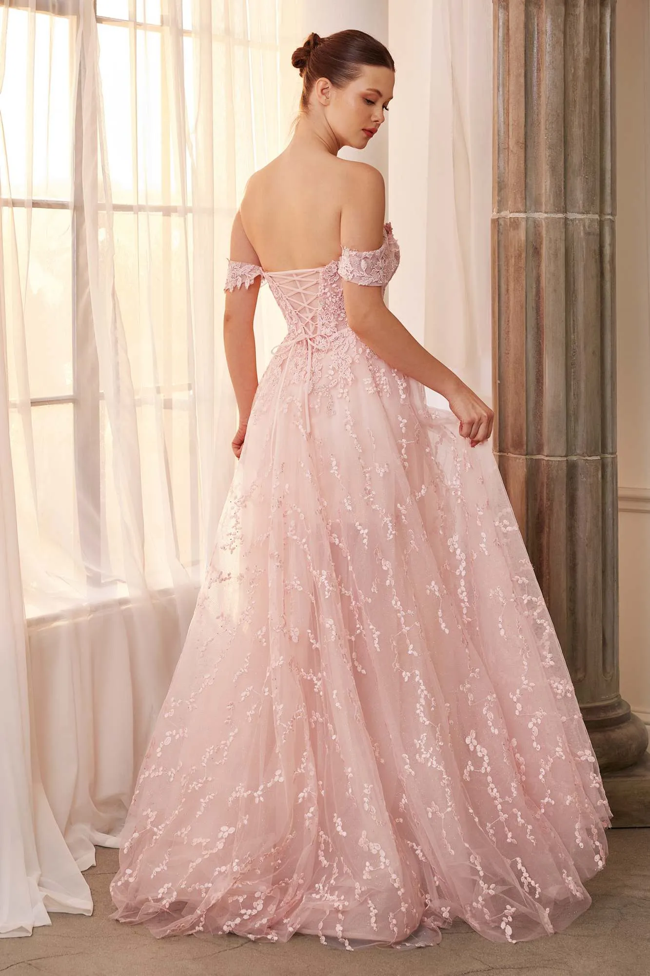 Andrea & Leo A1207 Off Shoulder Bouquet Lace Gown With Short Skirt