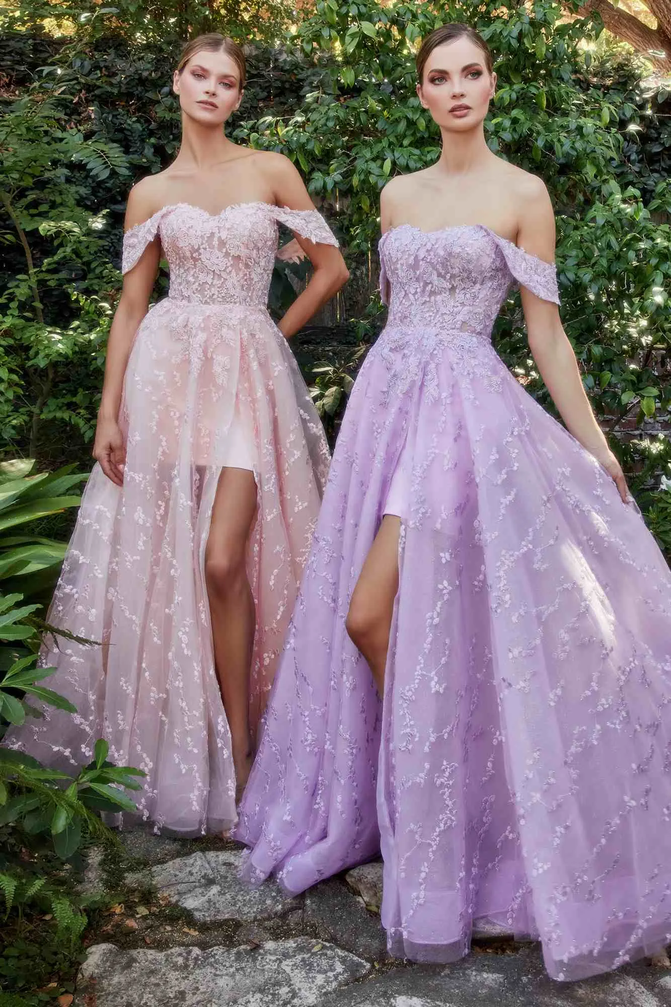 Andrea & Leo A1207 Off Shoulder Bouquet Lace Gown With Short Skirt