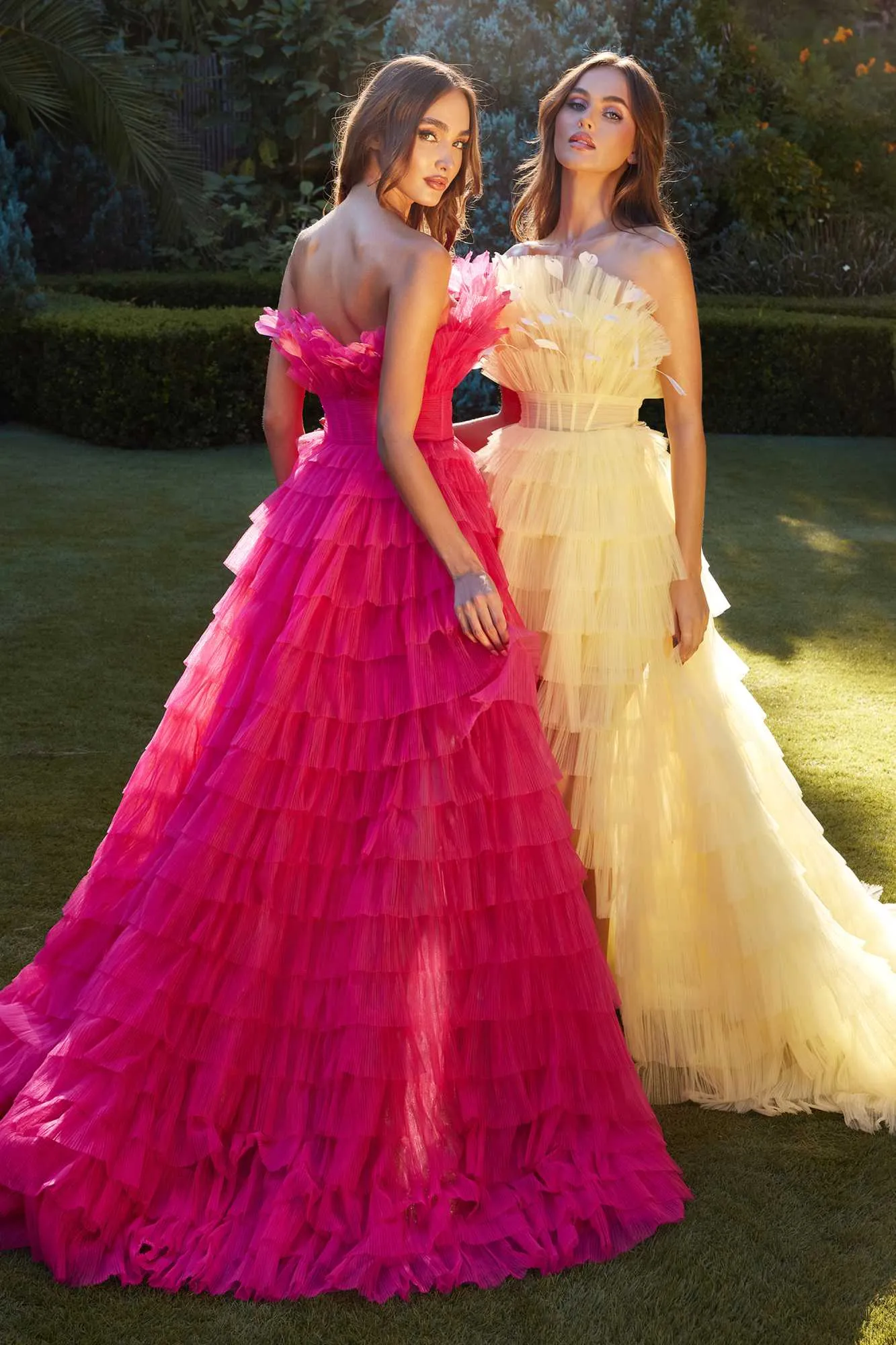Andrea & Leo A1240 High-Low Ruffled Tiered Tulle Gown Feather Details