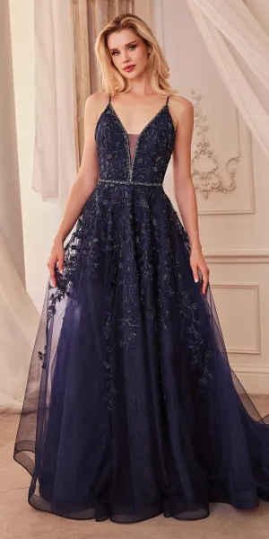 Andrea & Leo A1251 Long V-Neckline Lace Applique A-Line Ball Gown