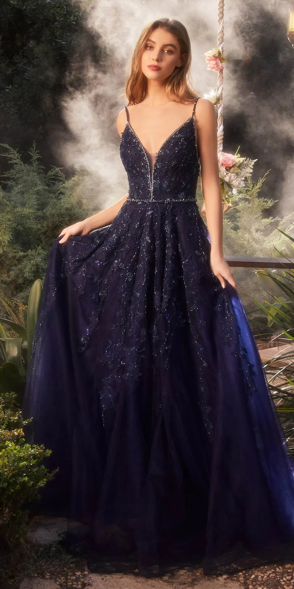 Andrea & Leo A1251 Long V-Neckline Lace Applique A-Line Ball Gown