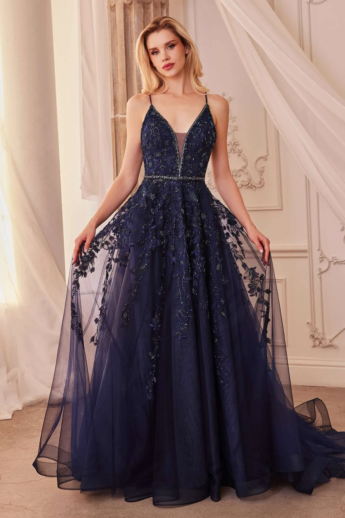 Andrea & Leo A1251 Long V-Neckline Lace Applique A-Line Ball Gown