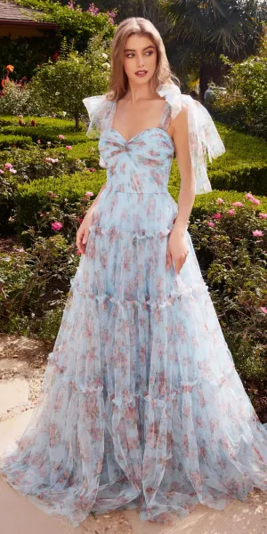Andrea & Leo A1332 Long Printed Floral Layered Tulle Gown