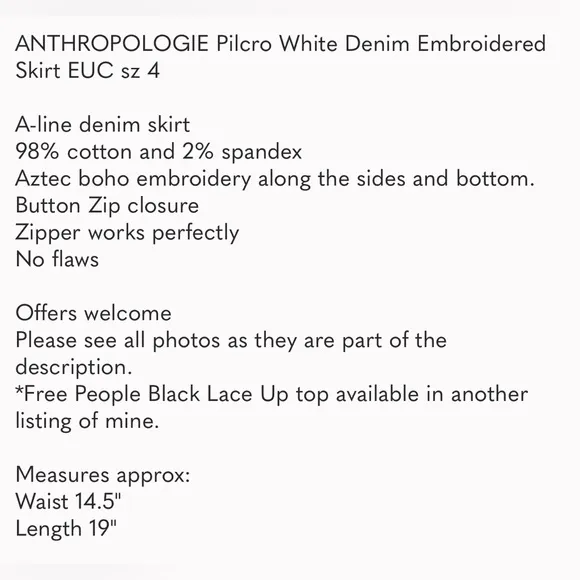 ANTHROPOLOGIE Pilcro White Denim Embroidered Skirt EUC sz 4