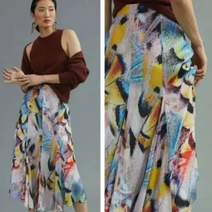 Anthropologie Pink and Blue Pleated Maxi A-Line Skirt for Resort Wear