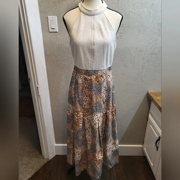 Anthropologie Sleeveless Mock Neck Twofer Midi Dress Neutral Colors