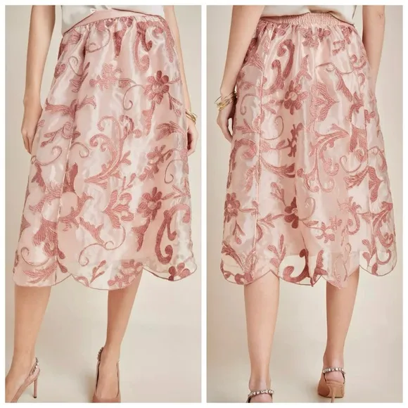 ANTHROPOLOGIE XL NWT MAEVE Shannon Embroidered Midi Skirt • Dusty Rose Floral