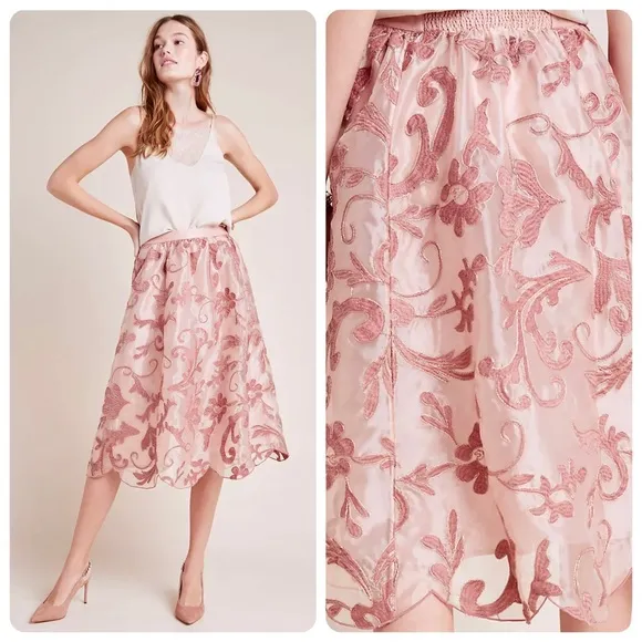 ANTHROPOLOGIE XL NWT MAEVE Shannon Embroidered Midi Skirt • Dusty Rose Floral