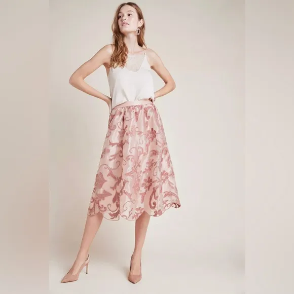 ANTHROPOLOGIE XL NWT MAEVE Shannon Embroidered Midi Skirt • Dusty Rose Floral