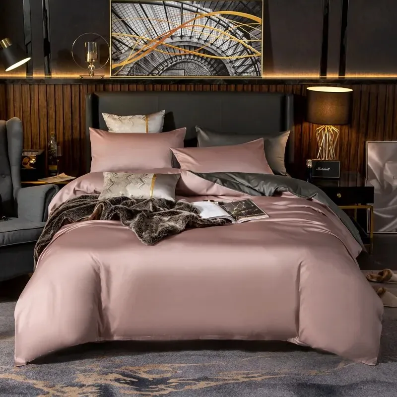 Anyhouz Bed Sheet Pink Deep Grey Ultra Soft Luxury Egyptian Cotton Bedding Cover Double Size 6 Pcs Bed Set
