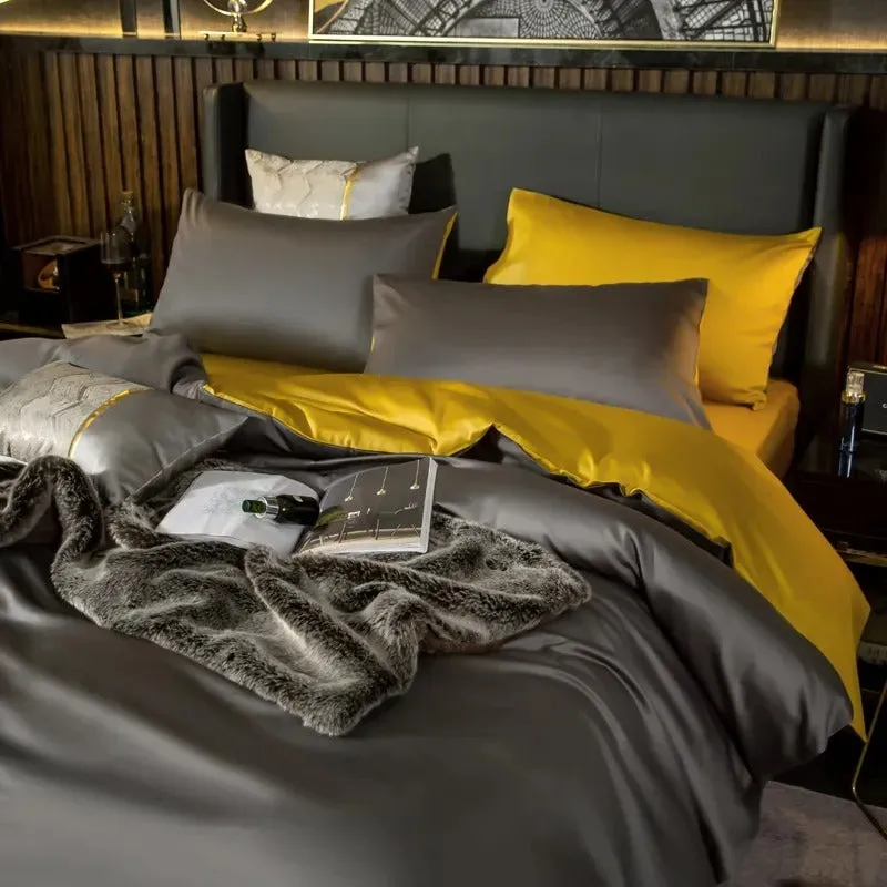 Anyhouz Bed Sheet Yellow Light Grey Ultra Soft Luxury Egyptian Cotton Bedding Cover Double Size 4 Pcs Bed Set