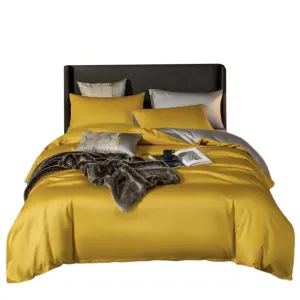 Anyhouz Bed Sheet Yellow Light Grey Ultra Soft Luxury Egyptian Cotton Bedding Cover Double Size 4 Pcs Bed Set