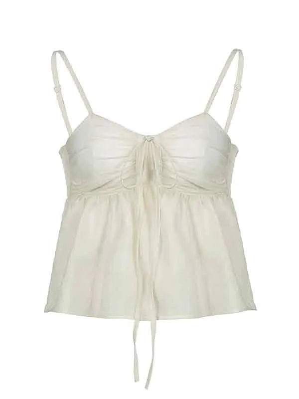 Apricot Cute Pleated Lace Up Cami Top