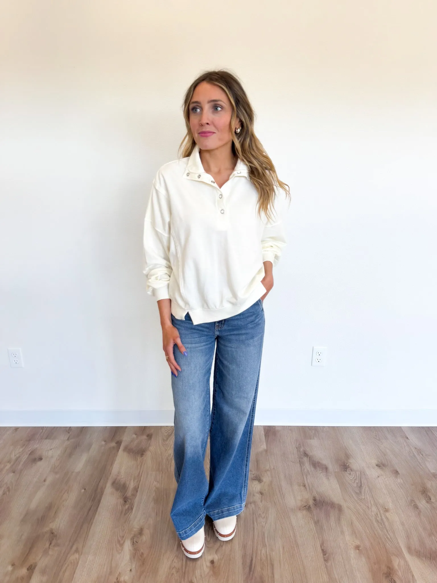 Ariela Half Button LS Top in Ivory