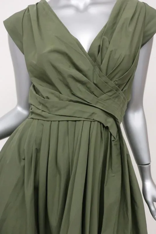 Aspesi Dress Olive Pleated Cotton Size 44 Cap Sleeve Fit & Flare