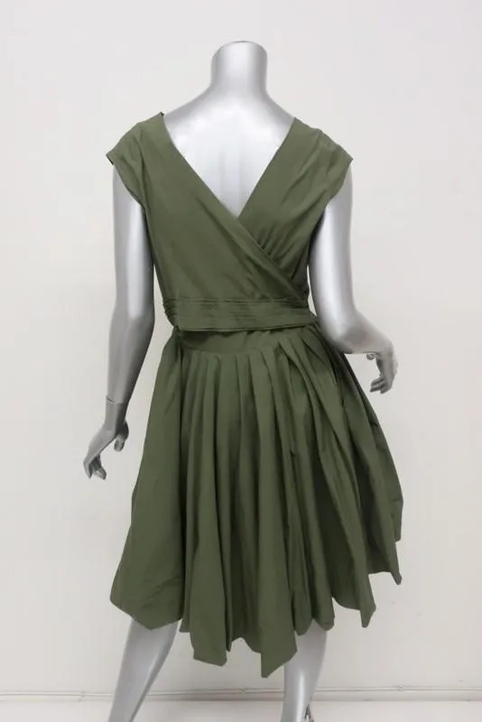 Aspesi Dress Olive Pleated Cotton Size 44 Cap Sleeve Fit & Flare