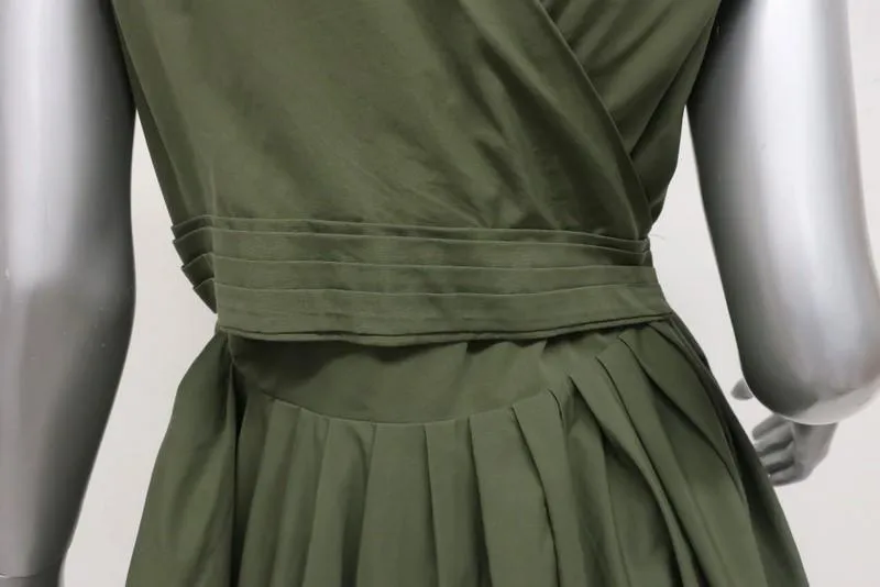 Aspesi Dress Olive Pleated Cotton Size 44 Cap Sleeve Fit & Flare