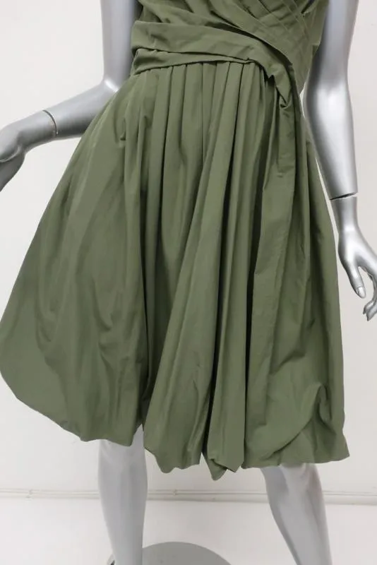 Aspesi Dress Olive Pleated Cotton Size 44 Cap Sleeve Fit & Flare