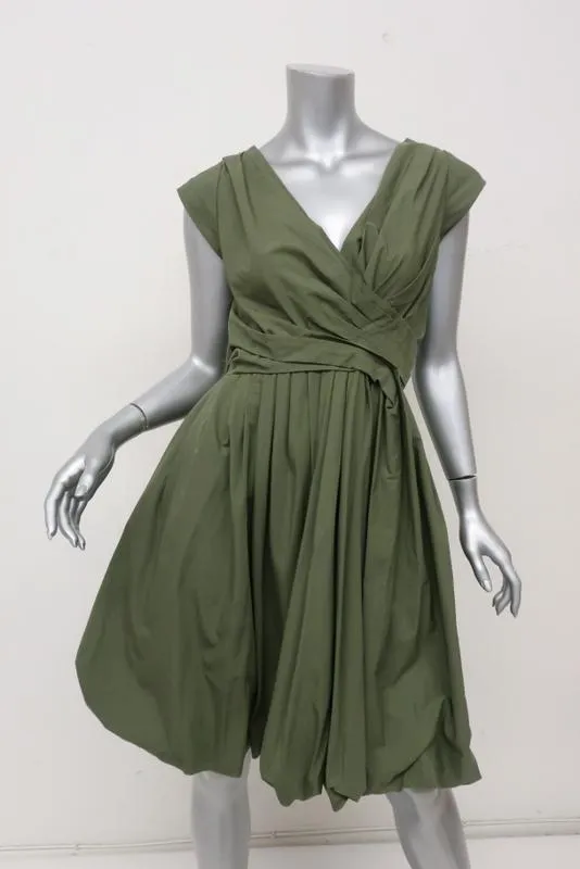 Aspesi Dress Olive Pleated Cotton Size 44 Cap Sleeve Fit & Flare