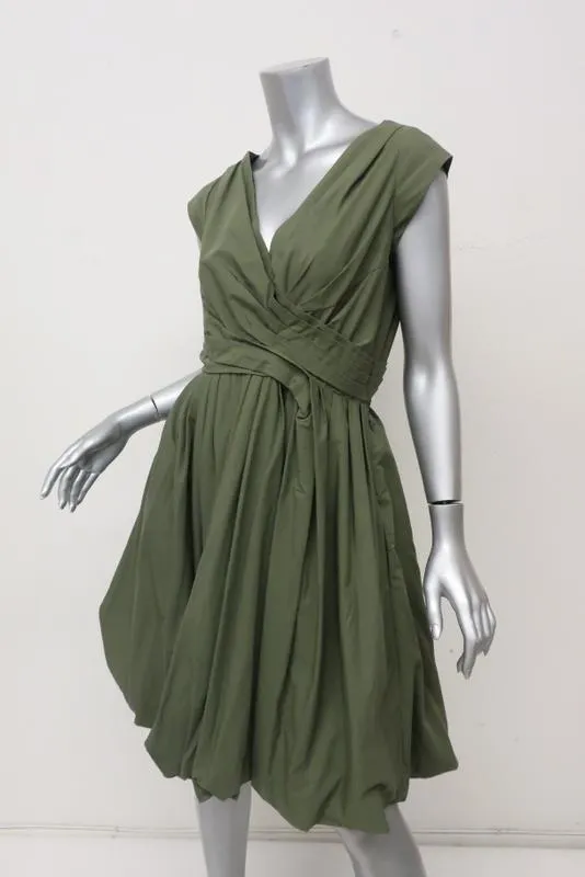 Aspesi Dress Olive Pleated Cotton Size 44 Cap Sleeve Fit & Flare