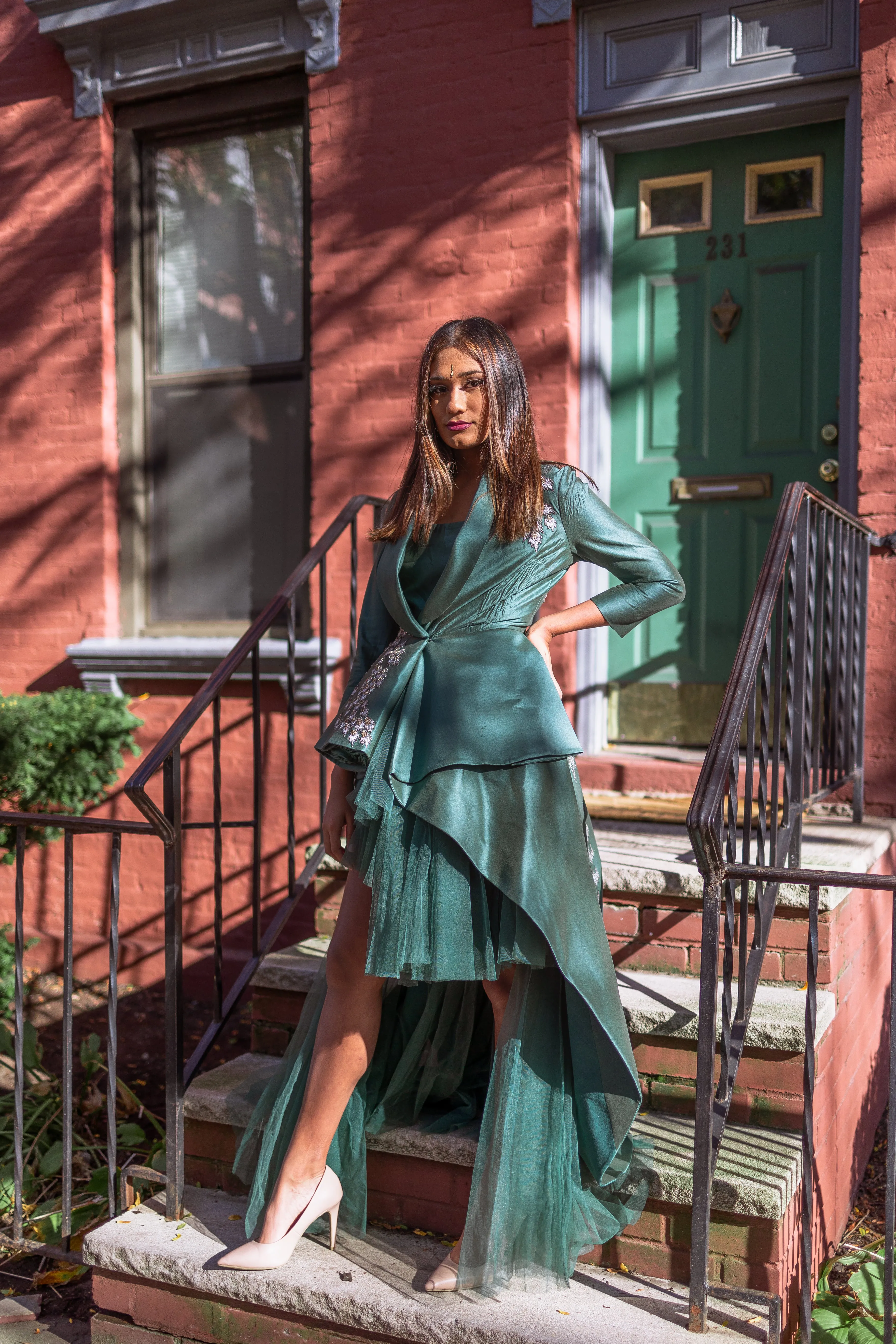 Asymmetrical Emerald Jacket Tulle Dress