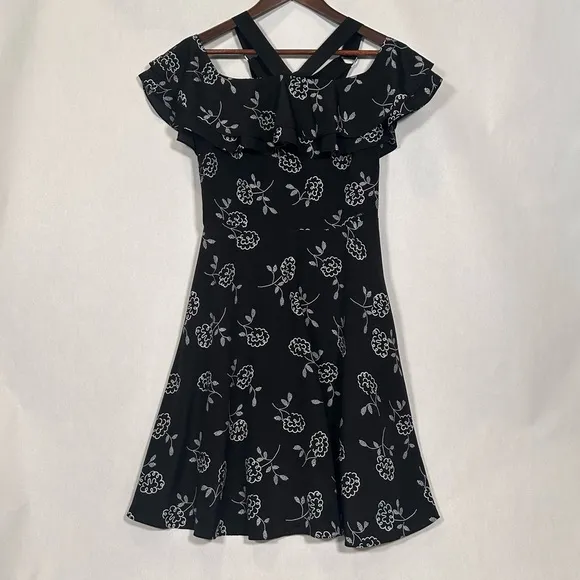 A/X Armani Exchange Black with White Floral Pattern Off the Shoulder Dress