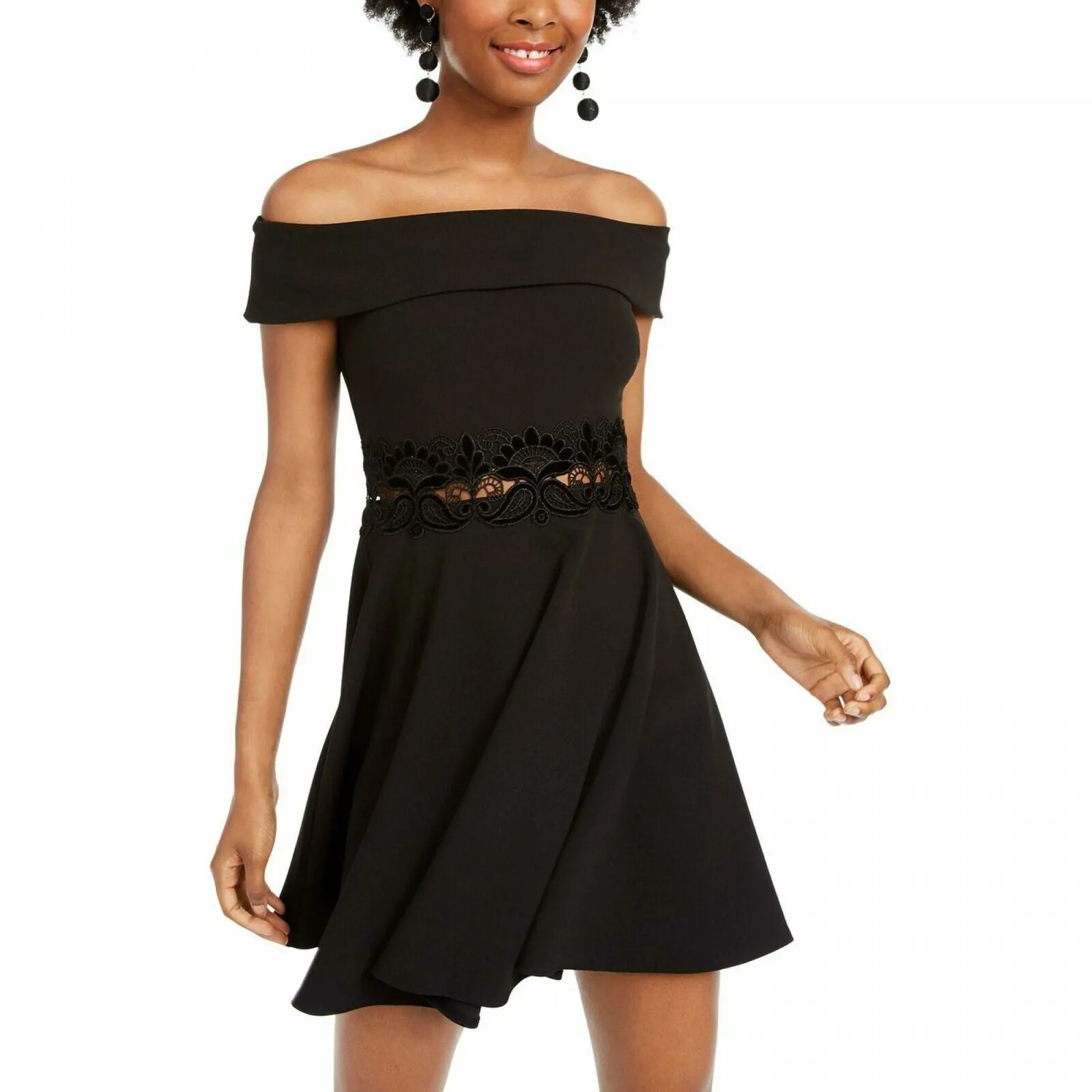 B. Darlin Women's Junior Fit Off The Shoulder Fit and Flare Dress