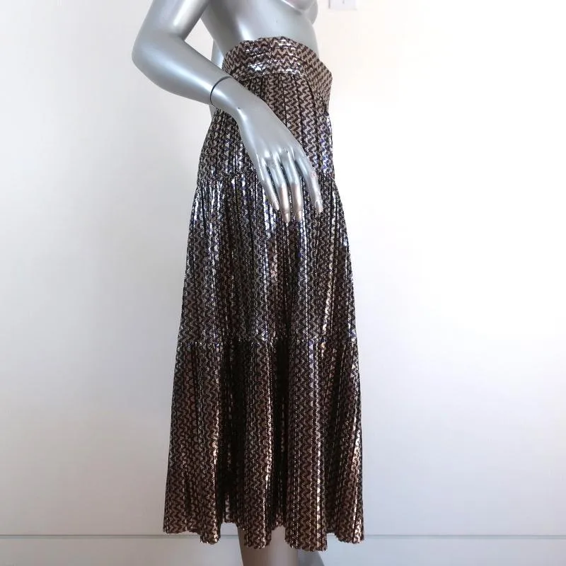 Ba&sh Tiered Midi Skirt Gold Poly Pleated Metallic Chevron Print Size Small NEW