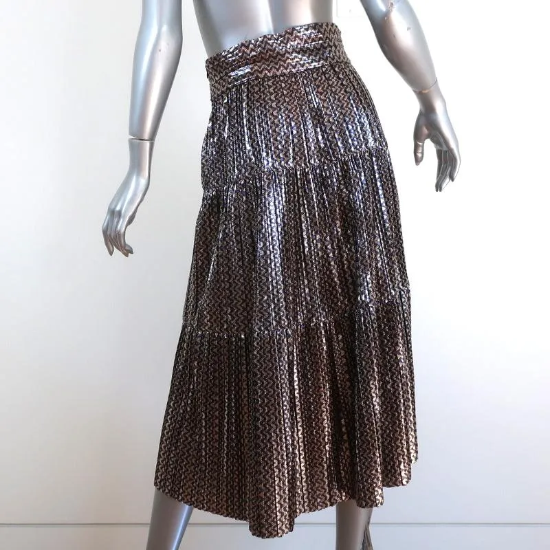 Ba&sh Tiered Midi Skirt Gold Poly Pleated Metallic Chevron Print Size Small NEW