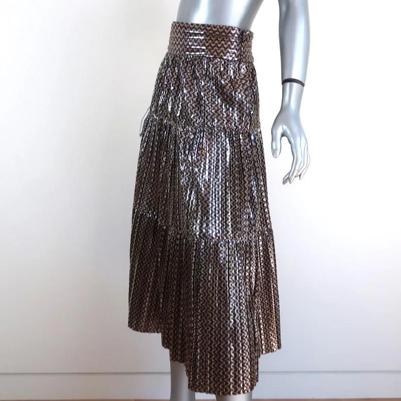 Ba&sh Tiered Midi Skirt Gold Poly Pleated Metallic Chevron Print Size Small NEW