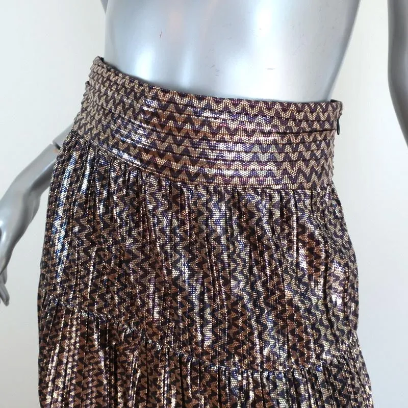 Ba&sh Tiered Midi Skirt Gold Poly Pleated Metallic Chevron Print Size Small NEW