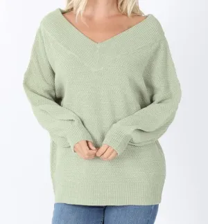 Balloon Sleeve Wide Double V-Neck Sweater