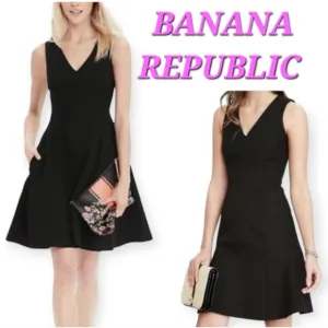Banana Republic Aline V-Neck Fit &amp; Flare Sleeveless Black Petite Dress