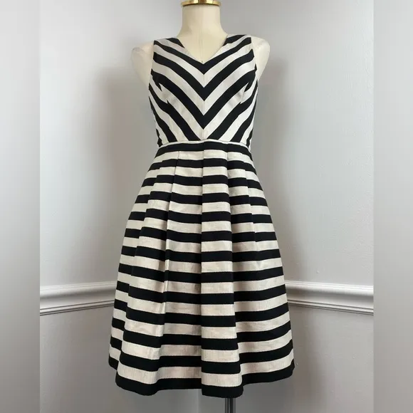 BANANA REPUBLIC Black &amp; Cream Striped Fit &amp; Flare Dress | Size 0