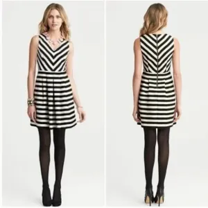 BANANA REPUBLIC Black &amp; Cream Striped Fit &amp; Flare Dress | Size 0