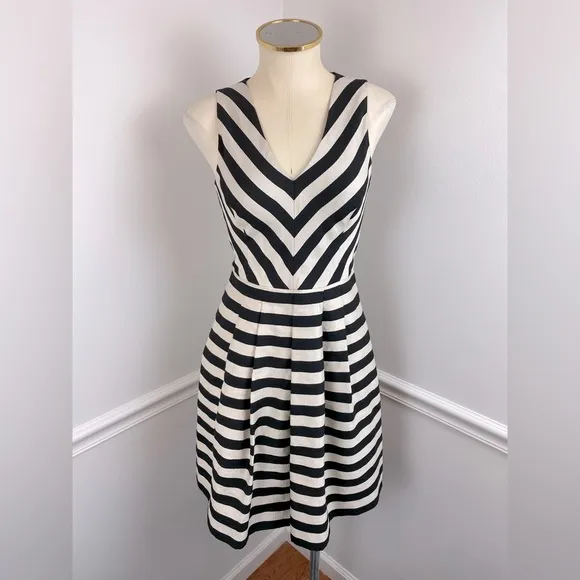 BANANA REPUBLIC Black &amp; Cream Striped Fit &amp; Flare Dress | Size 0