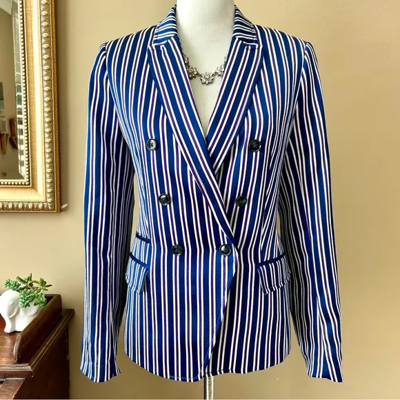 Banana Republic Striped Blazer Double Breasted Navy Blue White Satin Size 10