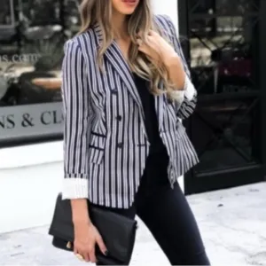 Banana Republic Striped Blazer Double Breasted Navy Blue White Satin Size 10