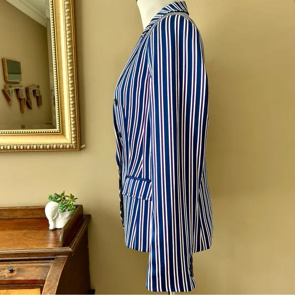 Banana Republic Striped Blazer Double Breasted Navy Blue White Satin Size 10