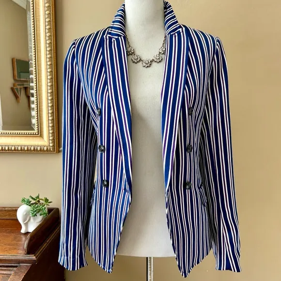 Banana Republic Striped Blazer Double Breasted Navy Blue White Satin Size 10