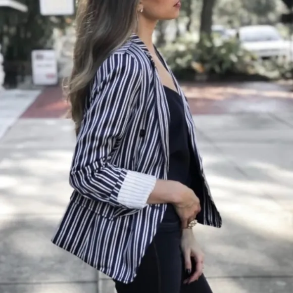 Banana Republic Striped Blazer Double Breasted Navy Blue White Satin Size 10