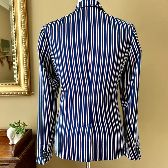 Banana Republic Striped Blazer Double Breasted Navy Blue White Satin Size 10