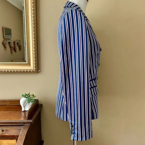 Banana Republic Striped Blazer Double Breasted Navy Blue White Satin Size 10