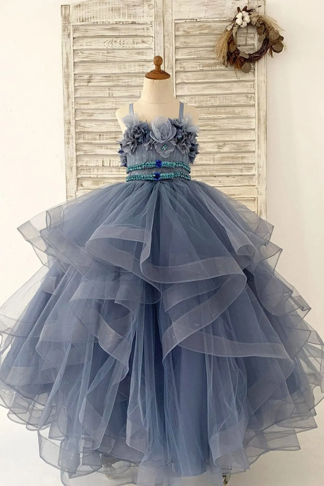 Beaded Dusty Blue Polka Dots Tulle Straps Wedding Flower Girl Dress Kids Party Dress