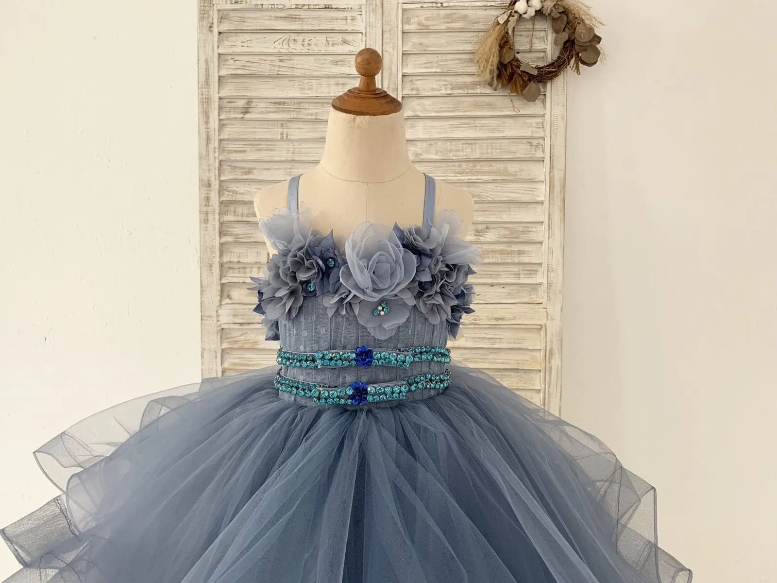 Beaded Dusty Blue Polka Dots Tulle Straps Wedding Flower Girl Dress Kids Party Dress