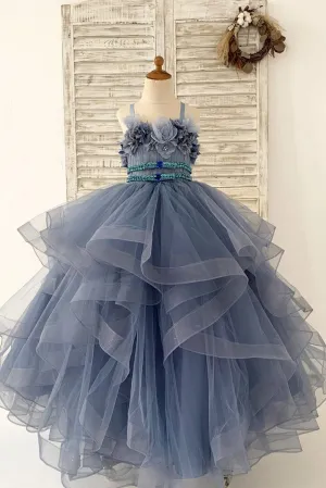 Beaded Dusty Blue Polka Dots Tulle Straps Wedding Flower Girl Dress Kids Party Dress